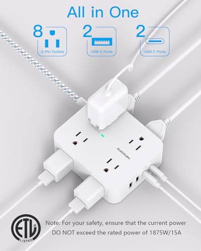 Surge Protector Power Strip - HANYCONY 8 Outlets 4 USB (2 USB C) Charging Ports, Multi Plug Outlet Extender, 5Ft Braided Extension Cord