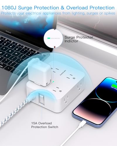 Surge Protector Power Strip - HANYCONY 8 Outlets 4 USB (2 USB C) Charging Ports, Multi Plug Outlet Extender, 5Ft Braided Extension Cord