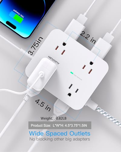 Surge Protector Power Strip - HANYCONY 8 Outlets 4 USB (2 USB C) Charging Ports, Multi Plug Outlet Extender, 5Ft Braided Extension Cord