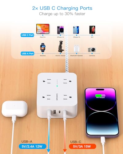 Surge Protector Power Strip - HANYCONY 8 Outlets 4 USB (2 USB C) Charging Ports, Multi Plug Outlet Extender, 5Ft Braided Extension Cord
