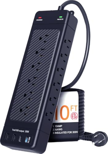 Surge Protector Power Strip/Heavy Duty 10ft Extension Cord with Multiple outlets/High Joules Protection (4800J)/18AC/1875W/15A/Usb A+C(PD20W) (Black)