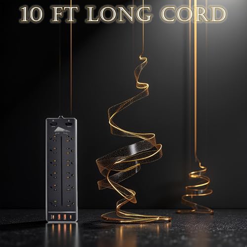 Surge Protector Power Strip/Heavy Duty 10ft Extension Cord with Multiple outlets/High Joules Protection (4800J)/18AC/1875W/15A/Usb A+C(PD20W) (Black)