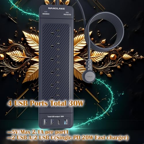 Surge Protector Power Strip/Heavy Duty 10ft Extension Cord with Multiple outlets/High Joules Protection (4800J)/18AC/1875W/15A/Usb A+C(PD20W) (Black)