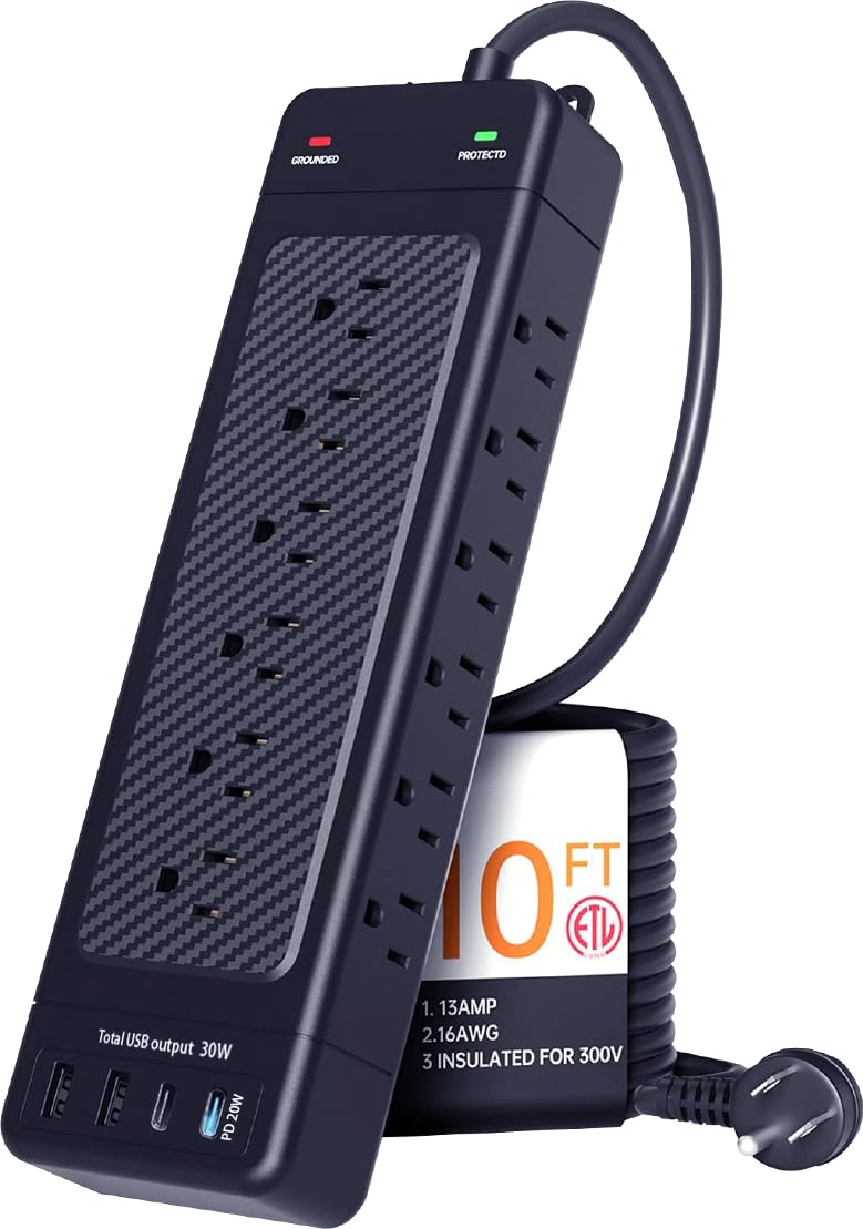 Surge Protector Power Strip/Heavy Duty 10ft Extension Cord with Multiple outlets/High Joules Protection (4800J)/18AC/1875W/15A/Usb A+C(PD20W) (Black)