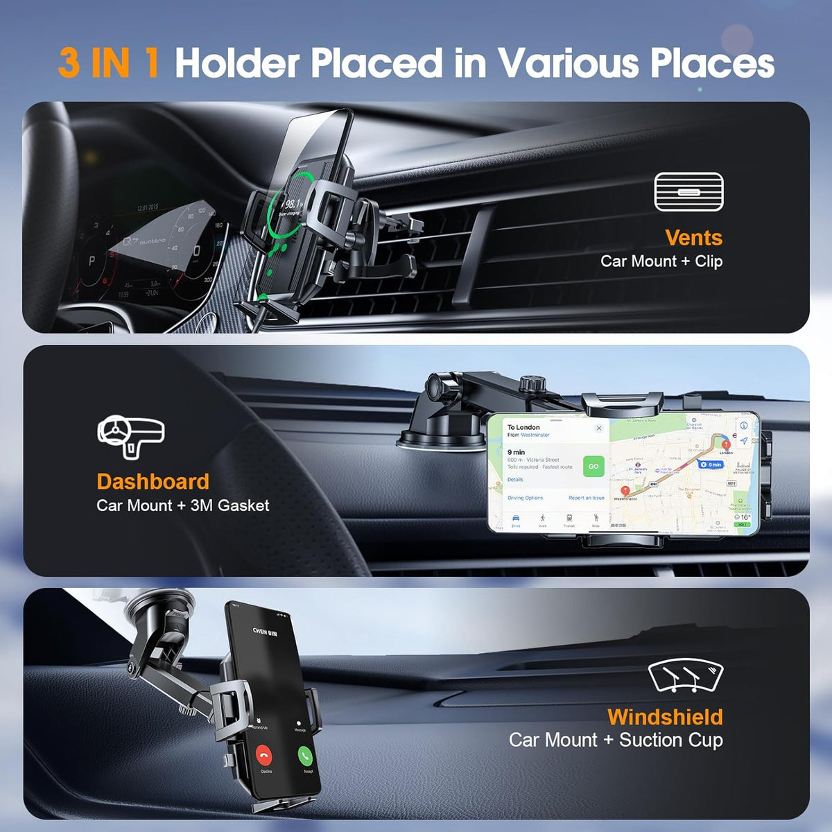SUUSON 3 in 1 Phone Holders for Your Car, Car Phone Holder Mount, Suction, 360° Adjustable Cell Phone Holders for Car Phone Stand Car Mount