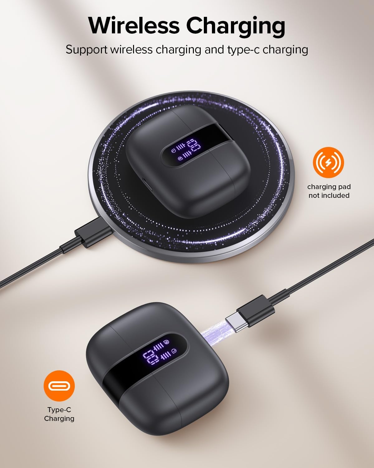 TAGRY Bluetooth Headphones True Wireless Earbuds 60H Playback LED Power Display Earphones with Wireless Charging Case IPX5 Waterproof in-Ear Ear buds