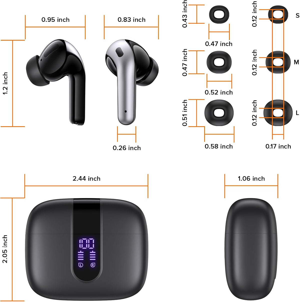 TAGRY Bluetooth Headphones True Wireless Earbuds 60H Playback LED Power Display Earphones with Wireless Charging Case IPX5 Waterproof in-Ear Ear buds