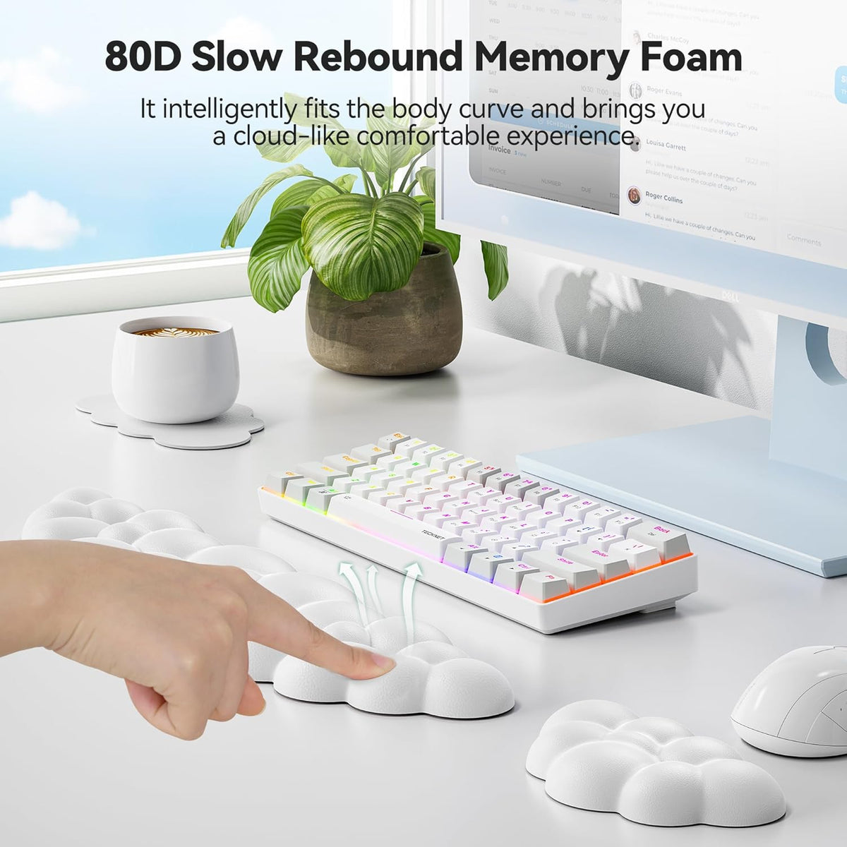TECKNET Cloud Keyboard Wrist Rest Set, Cloud Wrist Rest with Non-Slip Base, PU Leather Wrist Pad for Keyboard with Ergonomic Memory Foam (White)