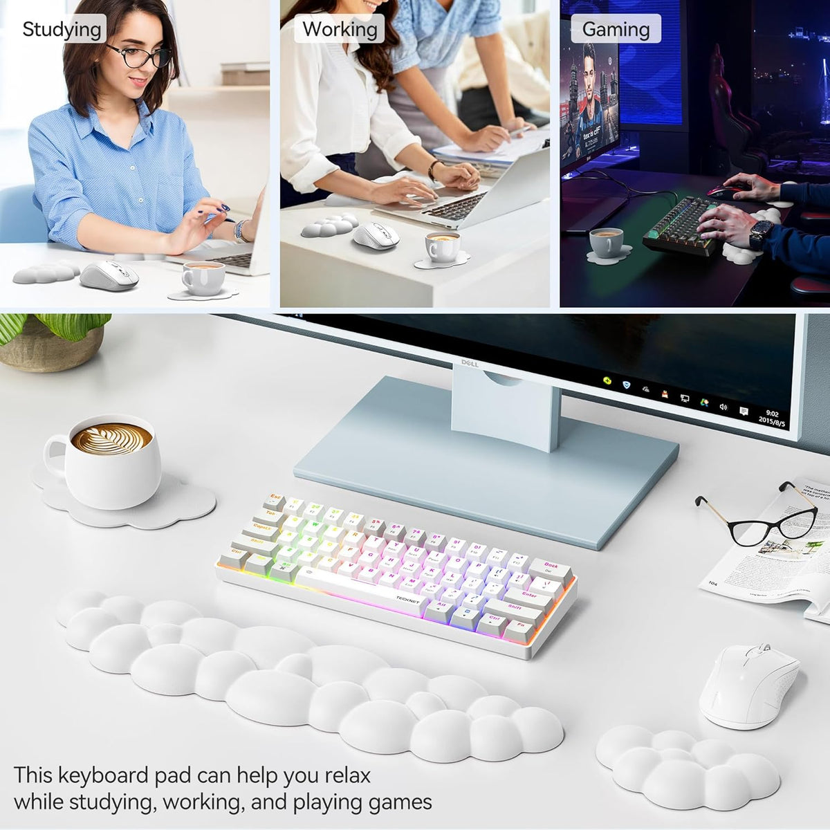 TECKNET Cloud Keyboard Wrist Rest Set, Cloud Wrist Rest with Non-Slip Base, PU Leather Wrist Pad for Keyboard with Ergonomic Memory Foam (White)