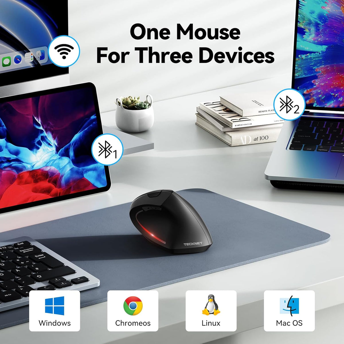 TECKNET Ergonomic Mouse, Wireless Bluetooth Vertical Mouse, 4800 DPI Optical Tracking, 6 Adjustable DPI, Quiet Clicks, 2.4GHz with USB A Receiver