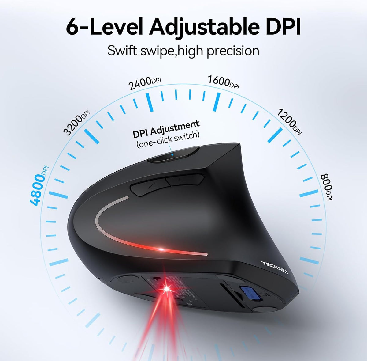 TECKNET Ergonomic Mouse, Wireless Bluetooth Vertical Mouse, 4800 DPI Optical Tracking, 6 Adjustable DPI, Quiet Clicks, 2.4GHz with USB A Receiver