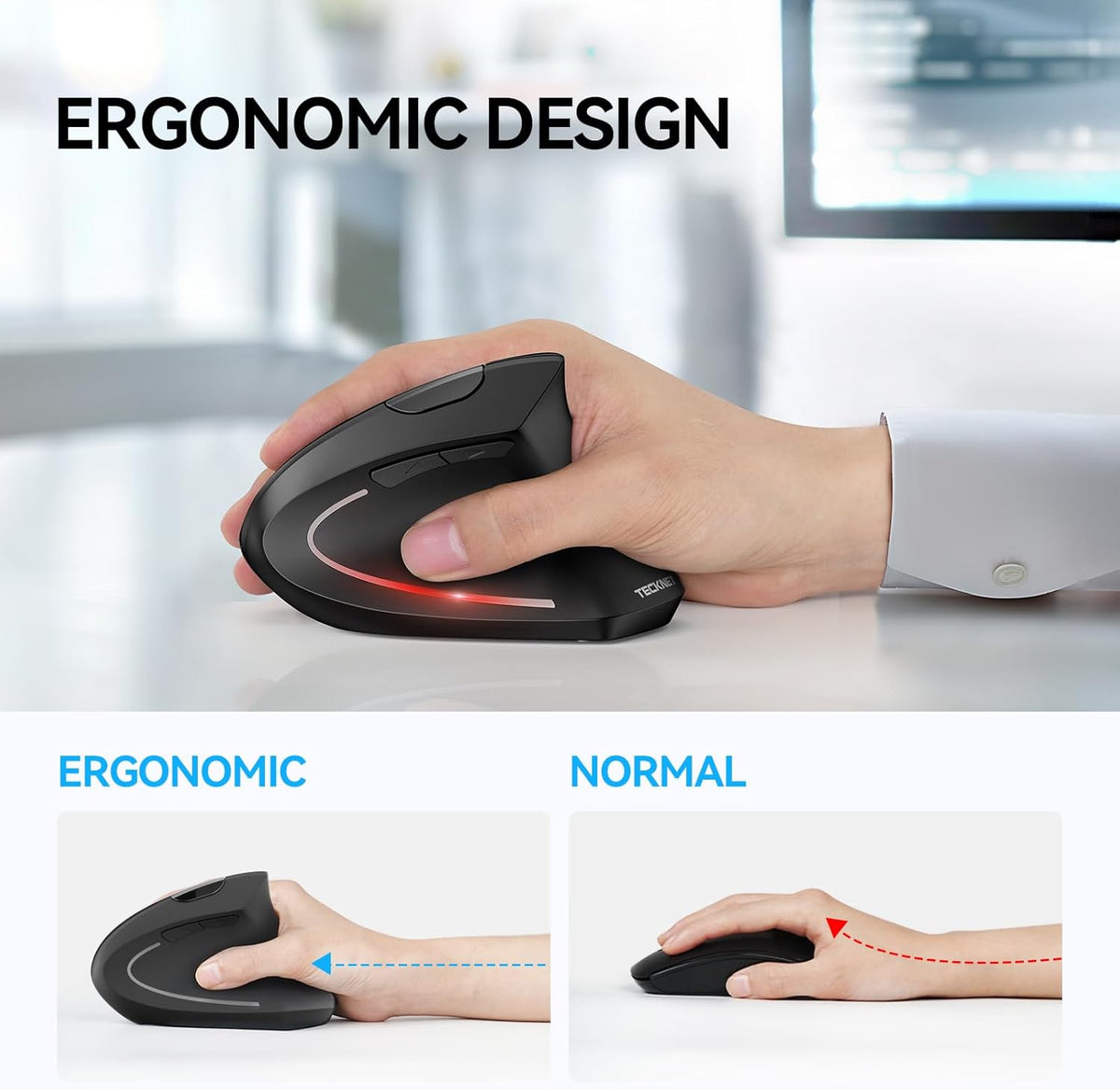 TECKNET Ergonomic Mouse, Wireless Bluetooth Vertical Mouse, 4800 DPI Optical Tracking, 6 Adjustable DPI, Quiet Clicks, 2.4GHz with USB A Receiver