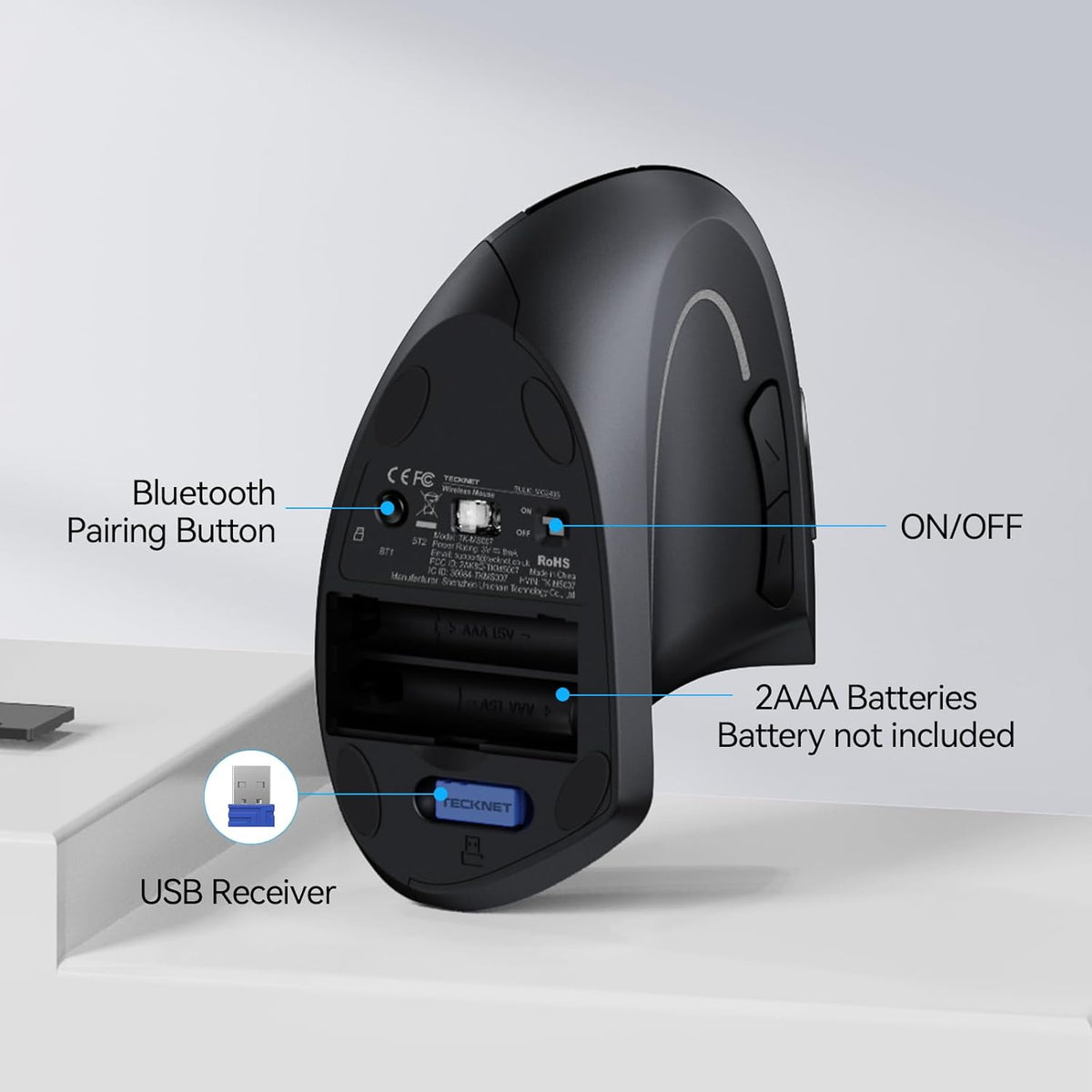 TECKNET Ergonomic Mouse, Wireless Bluetooth Vertical Mouse, 4800 DPI Optical Tracking, 6 Adjustable DPI, Quiet Clicks, 2.4GHz with USB A Receiver