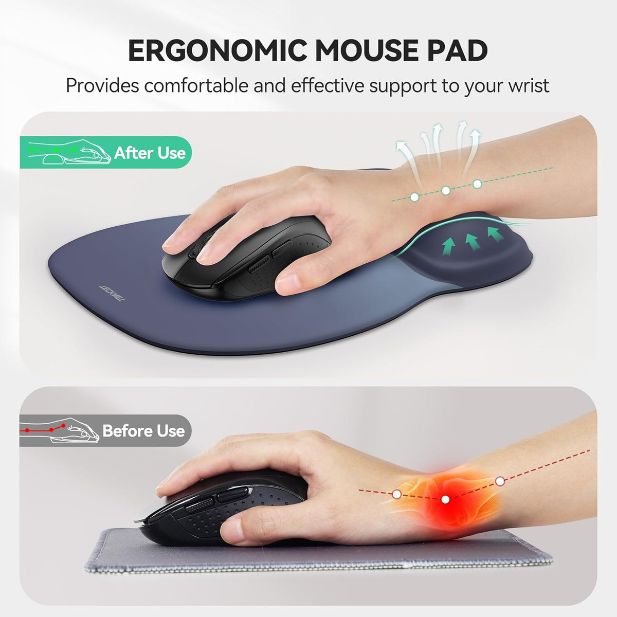 TECKNET Gel Mouse Pad with Wrist Rest, Ergonomic Office Mousepad with Wrist Support - Non-Slip & Smooth Surface Comfortable Desk Accessories Mat