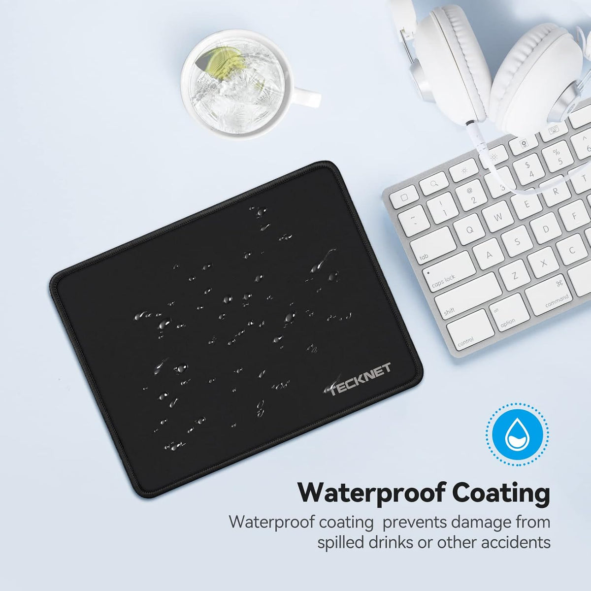 TECKNET Mouse Pad with Anti-fray Stitching, Waterproof Surface & Non-Slip Rubber Base with Stitched Edges Gaming Mouse Mat for Laptop (Black)