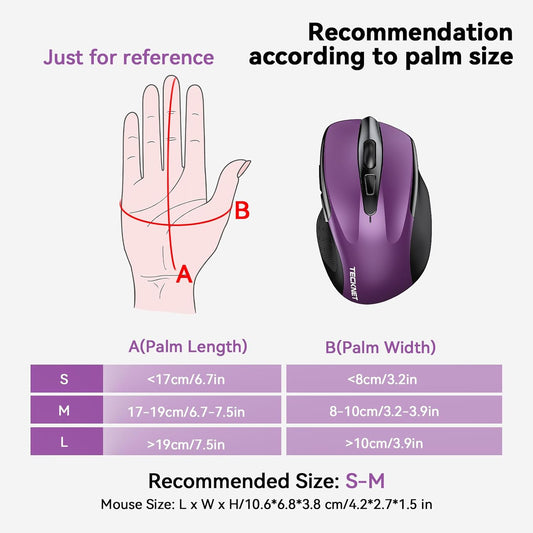 TECKNET Wireless Mouse, 2.4G Ergonomic Optical Mouse, Computer Mouse for Laptop, PC, Computer, Chromebook, Notebook, 6 Buttons (Purple)
