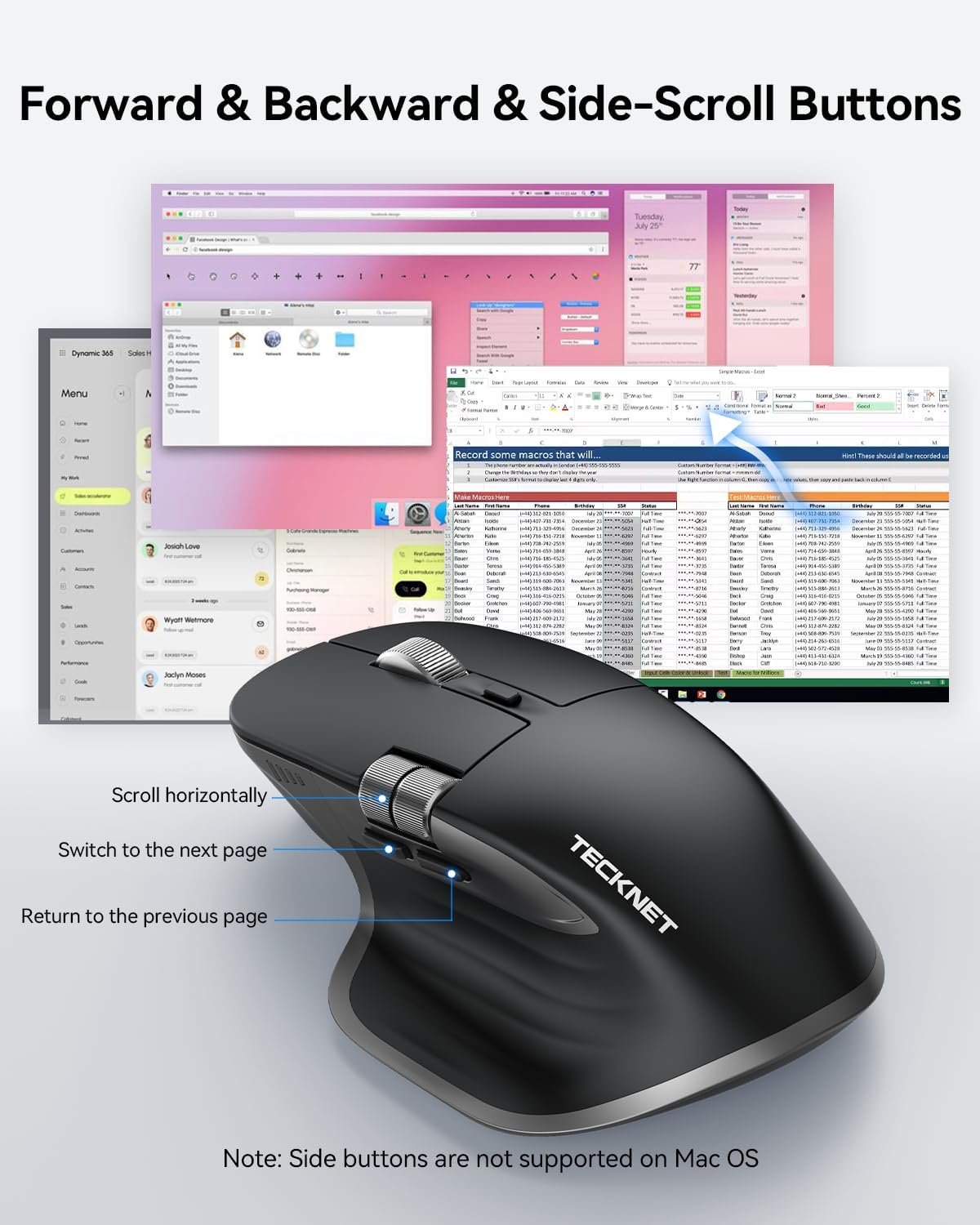 TECKNET Wireless Mouse, Bluetooth Mouse (BT5.3/5.0 & 2.4G) Rechargeable Ergonomic Optical Mouse with 6 Adjustable DPI, Side Scroll (Black)