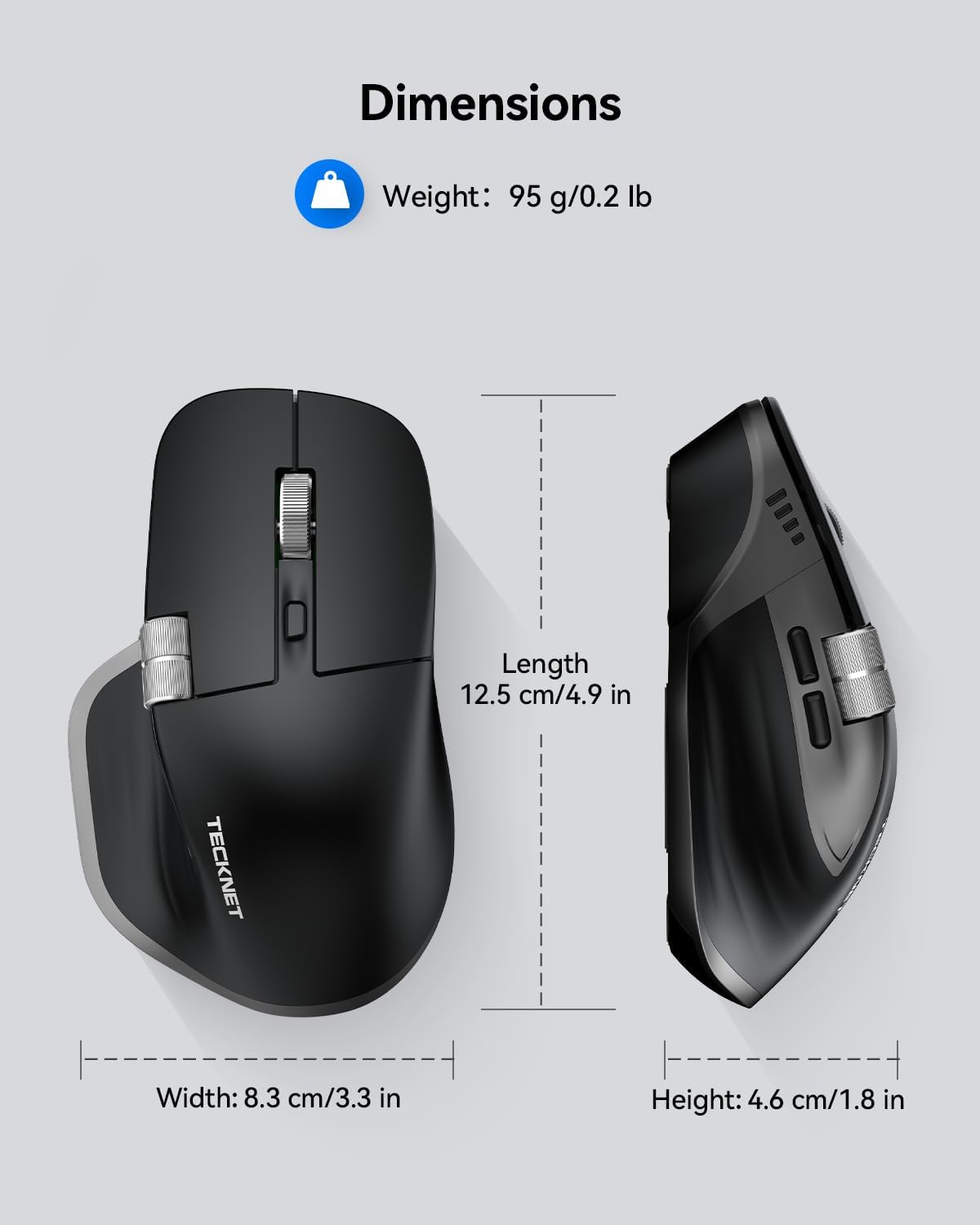 TECKNET Wireless Mouse, Bluetooth Mouse (BT5.3/5.0 & 2.4G) Rechargeable Ergonomic Optical Mouse with 6 Adjustable DPI, Side Scroll (Black)