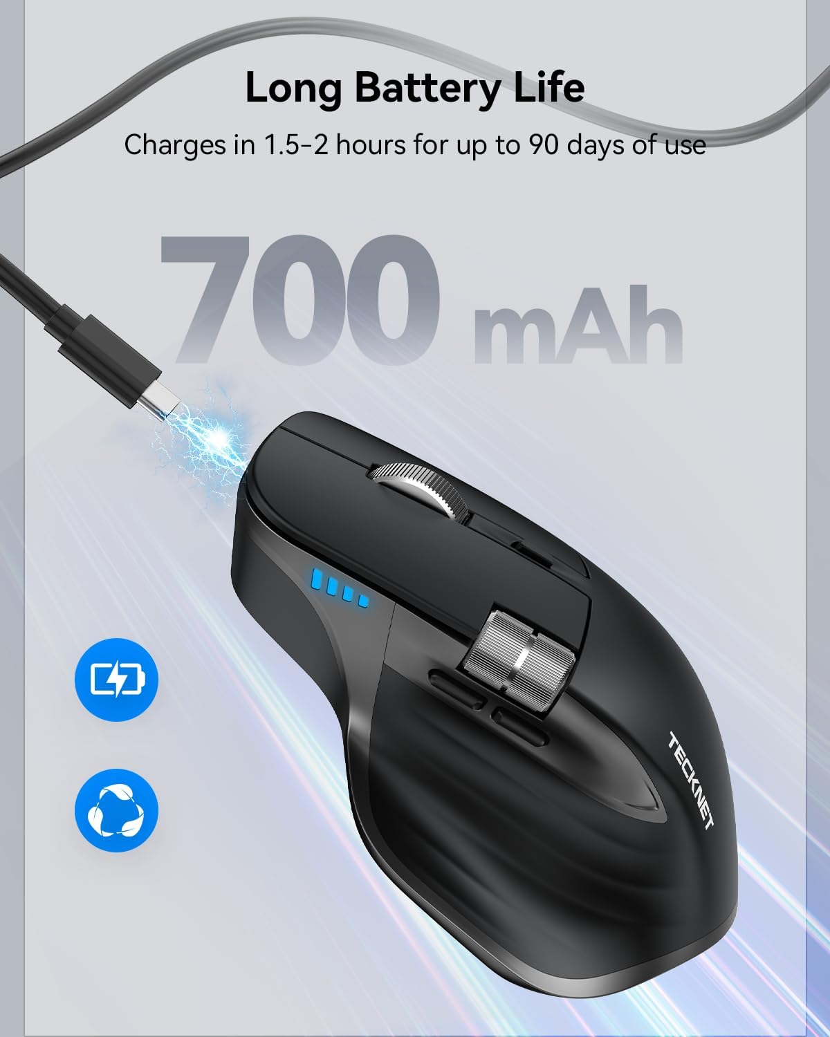 TECKNET Wireless Mouse, Bluetooth Mouse (BT5.3/5.0 & 2.4G) Rechargeable Ergonomic Optical Mouse with 6 Adjustable DPI, Side Scroll (Black)