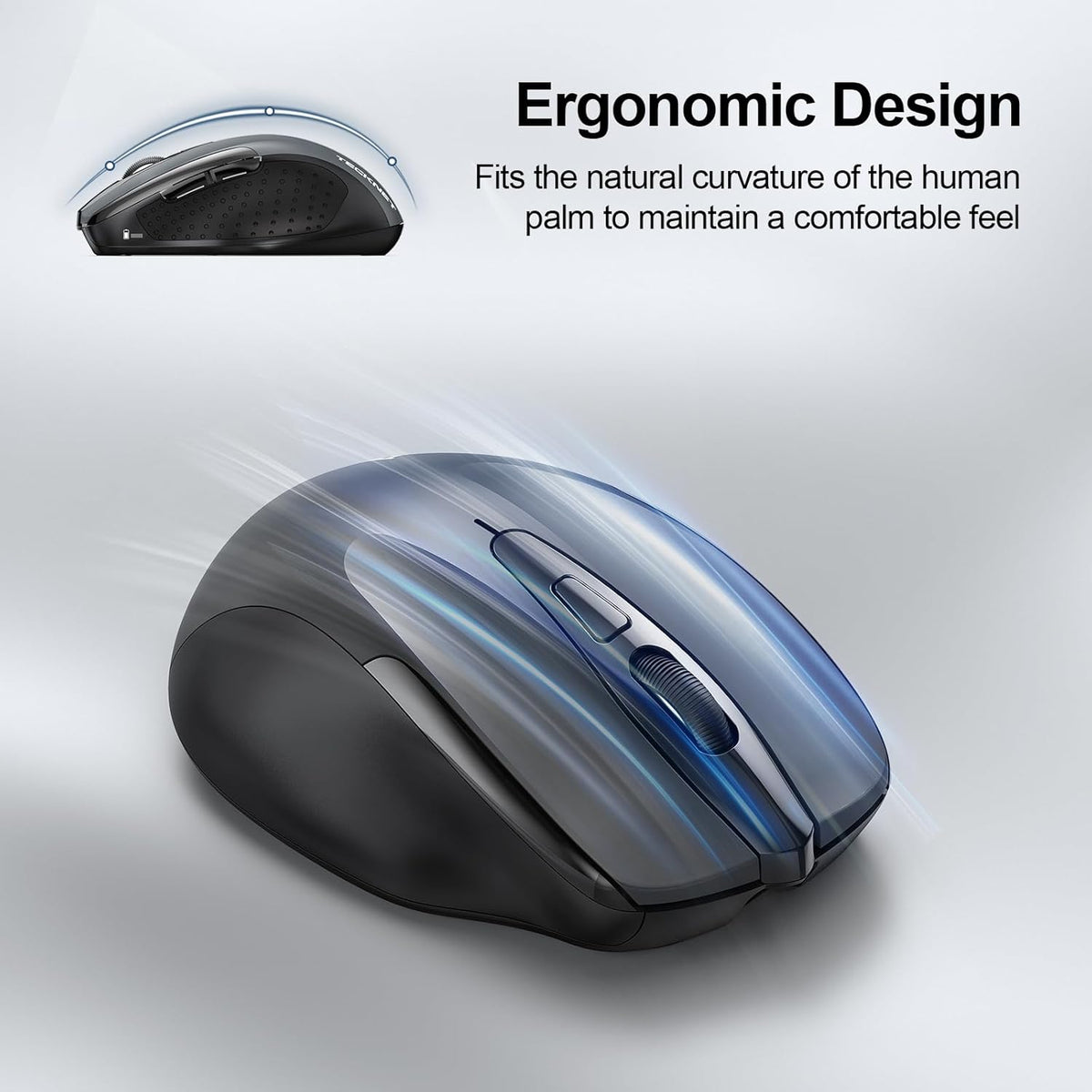TECKNET Wireless Mouse (BT5.0/3.0 & 2.4G) Rechargeable 4800 DPI Silent USB A & Bluetooth Mouse 6 Buttons, Wide Compatibility - Grey