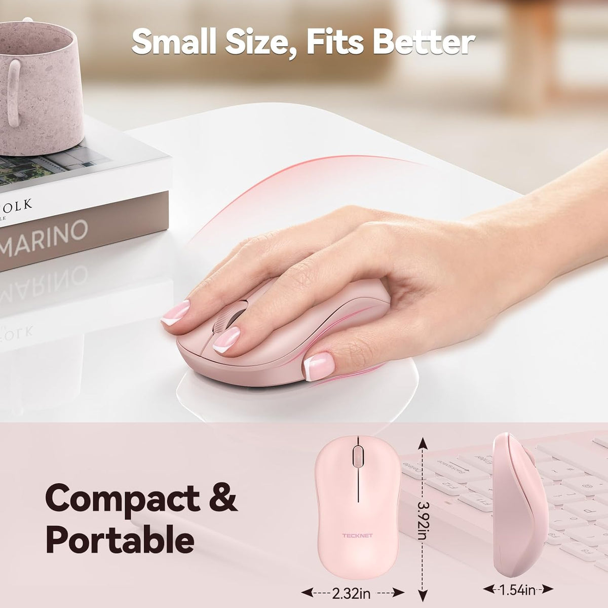 TECKNET Wireless Mouse for Laptop, 2.4G Silent Computer Mouse Quiet Click with 5 DPI Levels, Contoured Grip (Pink)