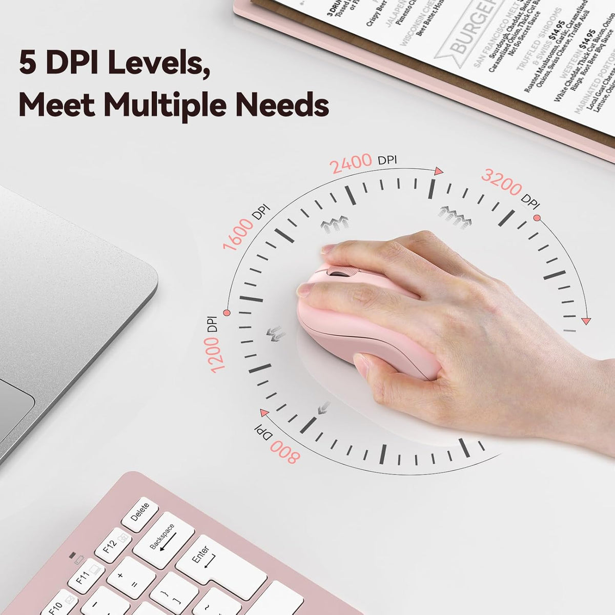TECKNET Wireless Mouse for Laptop, 2.4G Silent Computer Mouse Quiet Click with 5 DPI Levels, Contoured Grip (Pink)