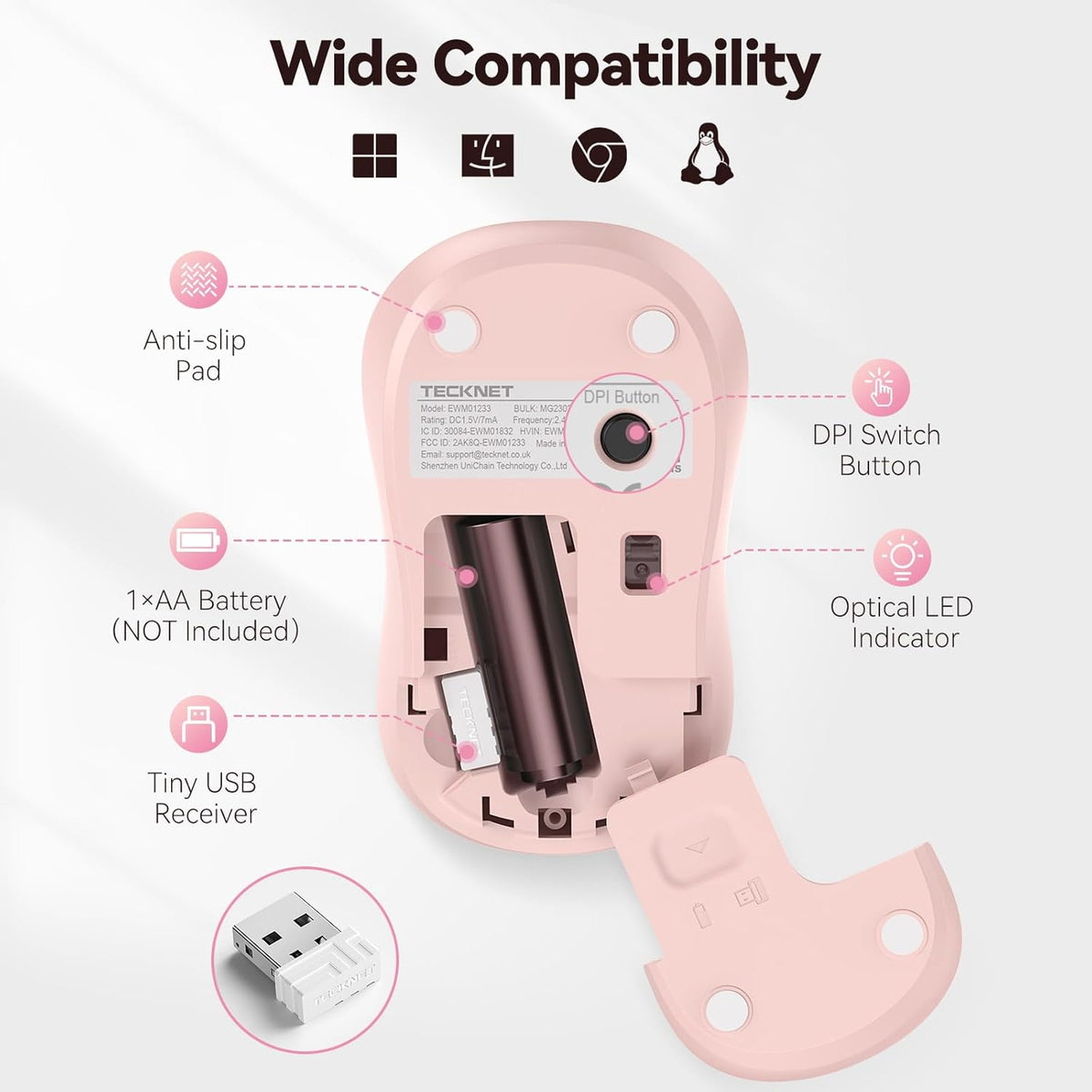 TECKNET Wireless Mouse for Laptop, 2.4G Silent Computer Mouse Quiet Click with 5 DPI Levels, Contoured Grip (Pink)
