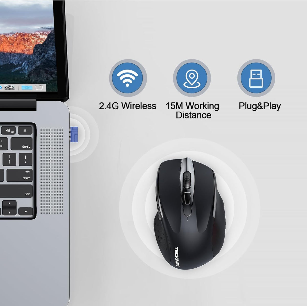 TECKNET Wireless Mouse Rechargeable, 2.4G USB-A Silent Mouse, Quiet Click, 6 Adjustable 4800 DPI, Cordless Computer Mice (Black)