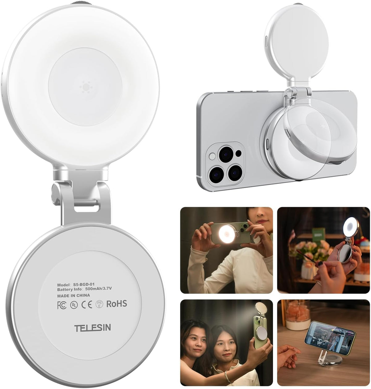 TELESIN C03 Magnetic Selfie Light, Phone Light Compatible with iPhone Magsafe, CRI97 360° LED Selfie Ring Fill Light with Mirror