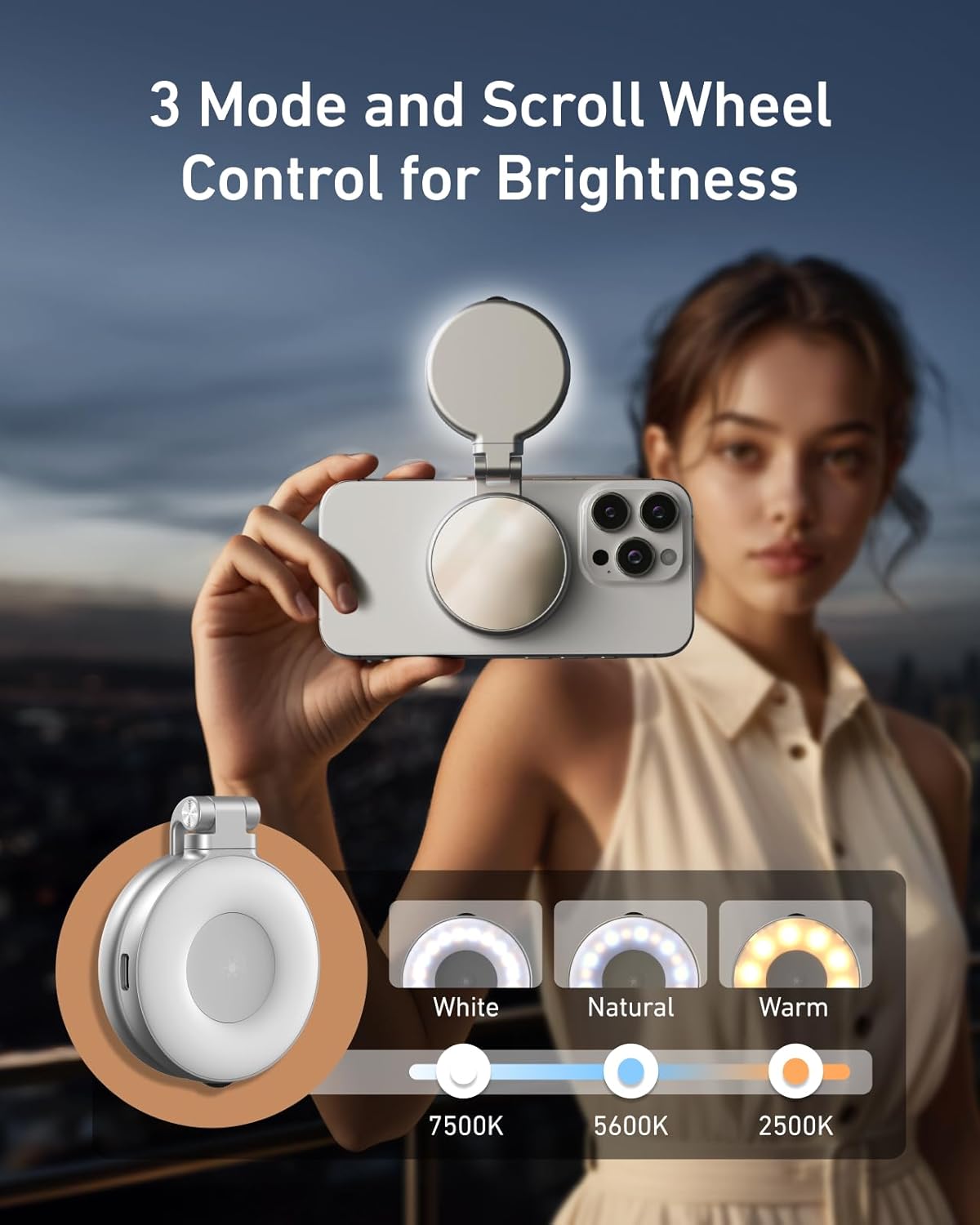 TELESIN C03 Magnetic Selfie Light, Phone Light Compatible with iPhone Magsafe, CRI97 360° LED Selfie Ring Fill Light with Mirror