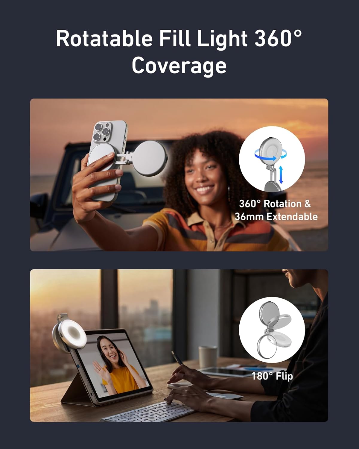 TELESIN C03 Magnetic Selfie Light, Phone Light Compatible with iPhone Magsafe, CRI97 360° LED Selfie Ring Fill Light with Mirror