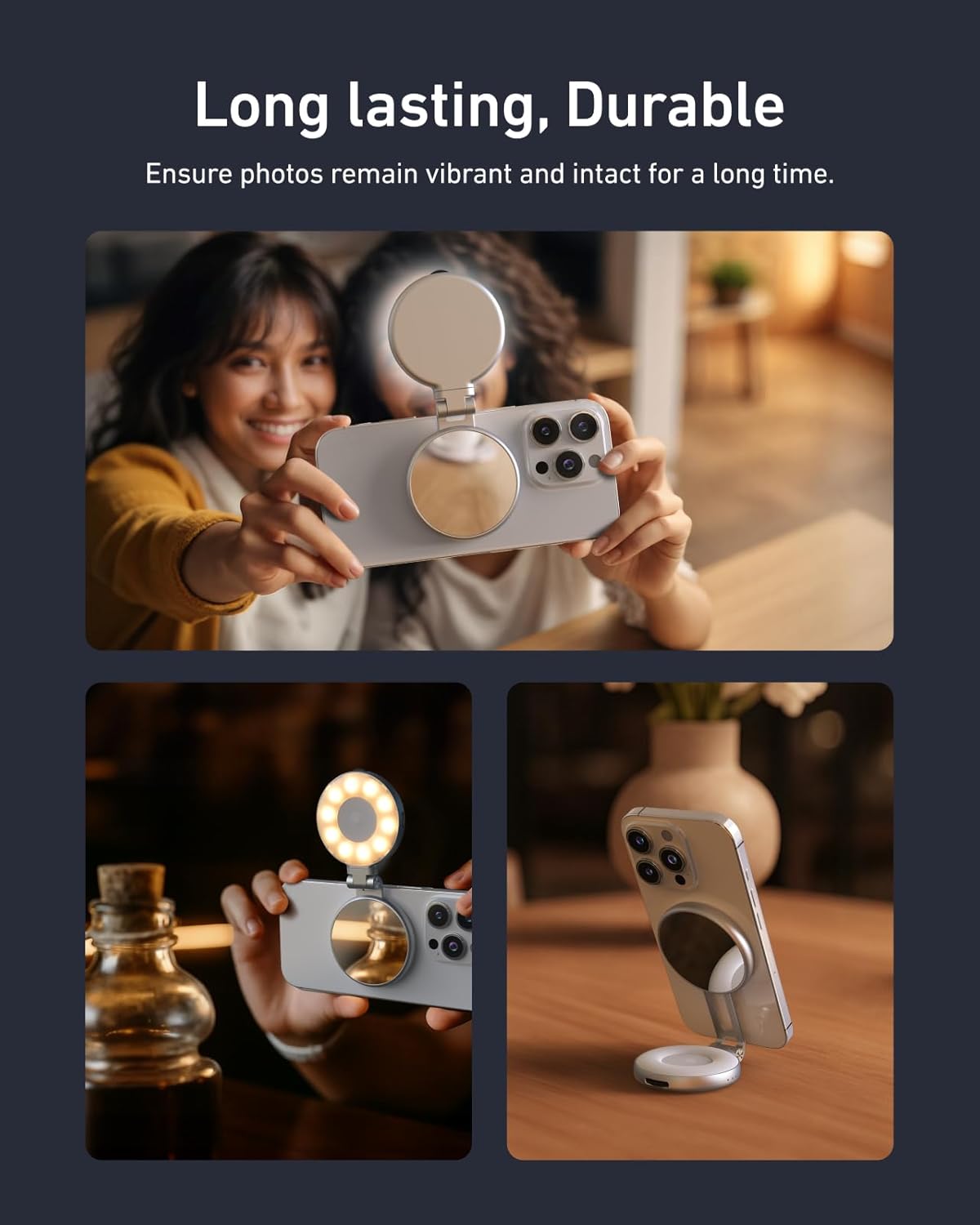 TELESIN C03 Magnetic Selfie Light, Phone Light Compatible with iPhone Magsafe, CRI97 360° LED Selfie Ring Fill Light with Mirror