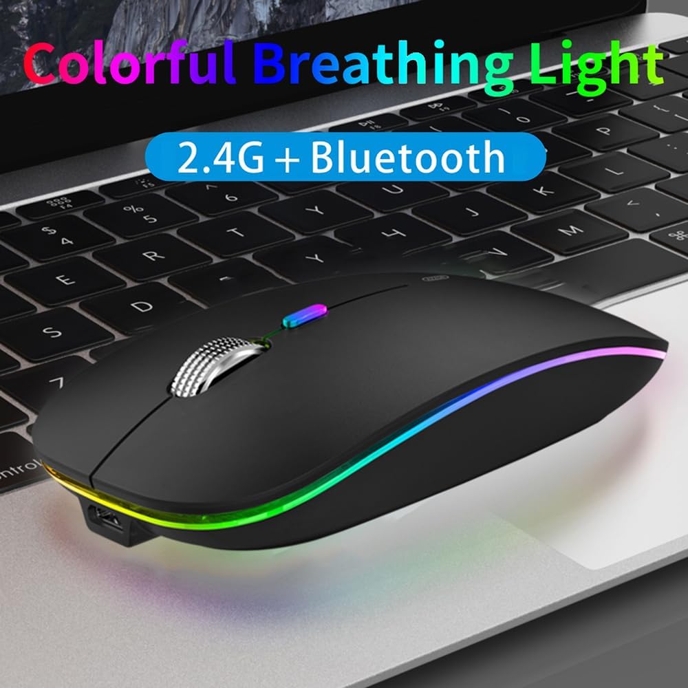 TENMOS Wireless Bluetooth Mouse, LED Slim (Bluetooth 5.1/5.0 + USB) 2.4GHz Rechargeable Silent Bluetooth Wireless Mouse (Matte Black)
