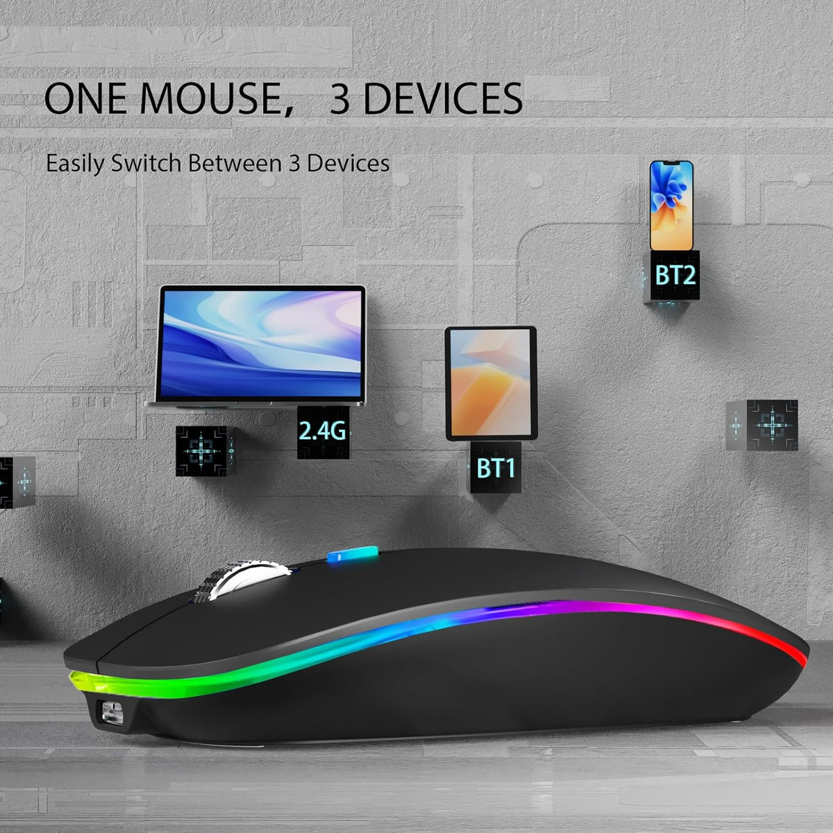 TENMOS Wireless Bluetooth Mouse, LED Slim (Bluetooth 5.1/5.0 + USB) 2.4GHz Rechargeable Silent Bluetooth Wireless Mouse (Matte Black)