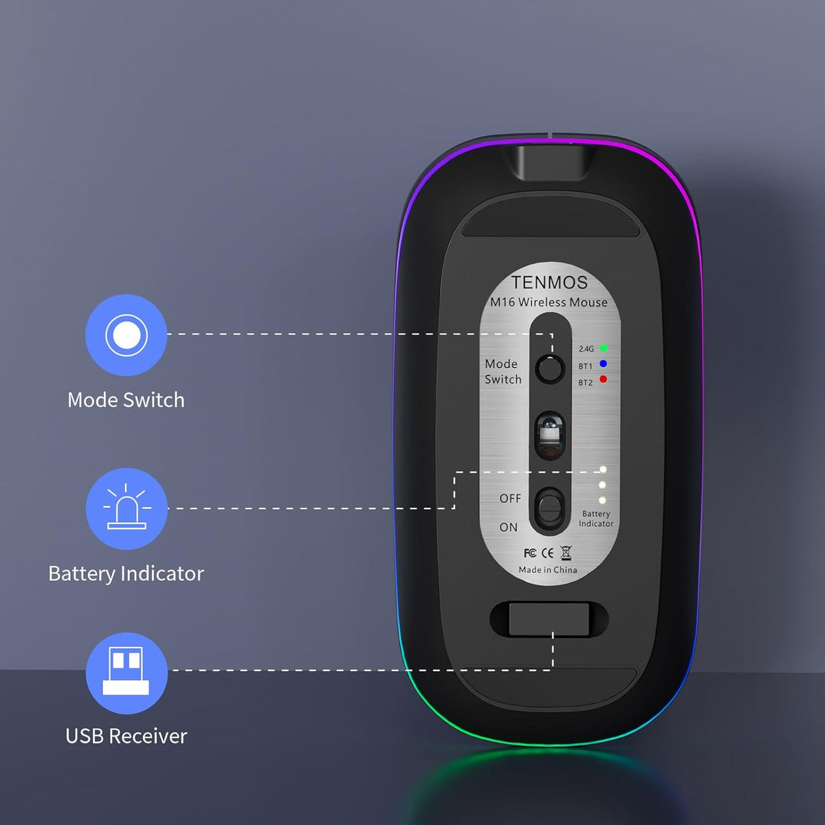 TENMOS Wireless Bluetooth Mouse, LED Slim (Bluetooth 5.1/5.0 + USB) 2.4GHz Rechargeable Silent Bluetooth Wireless Mouse (Matte Black)