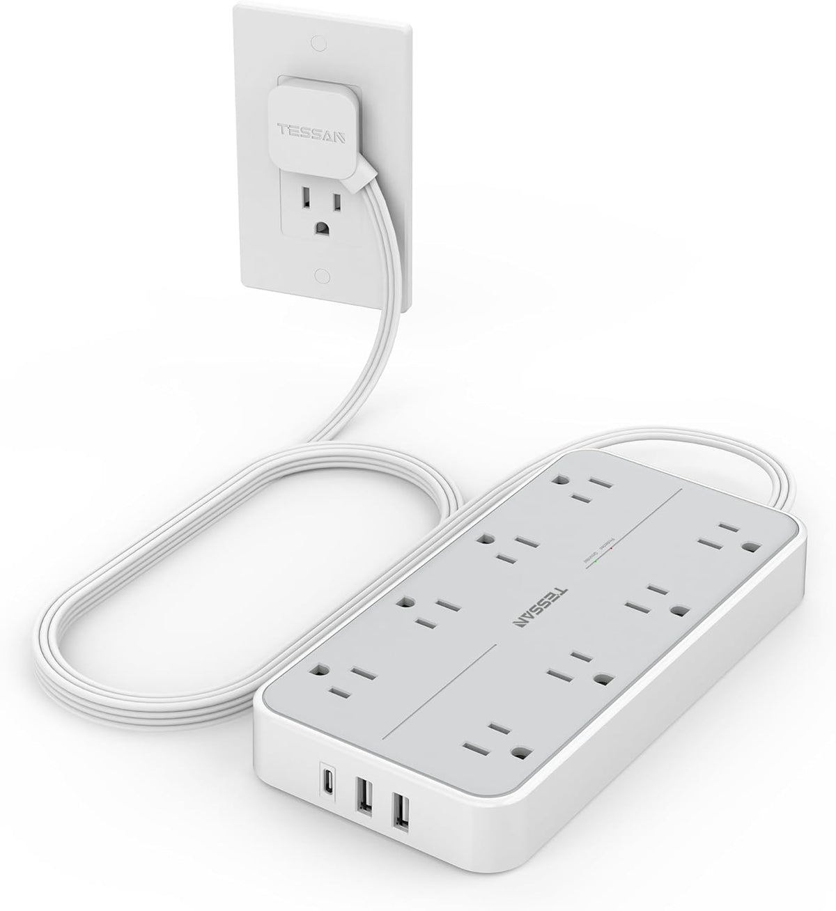 TESSAN Power Strip Surge Protector, Flat Plug Extension Cord with 8 Outlets 3 USB Charger(1 USB C), 1080 Joules Protection