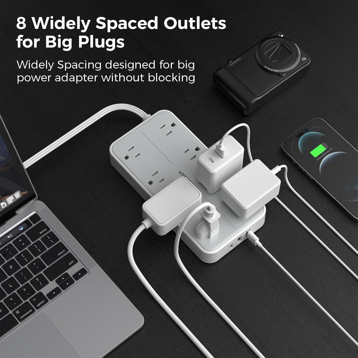 TESSAN Power Strip Surge Protector, Flat Plug Extension Cord with 8 Outlets 3 USB Charger(1 USB C), 1080 Joules Protection