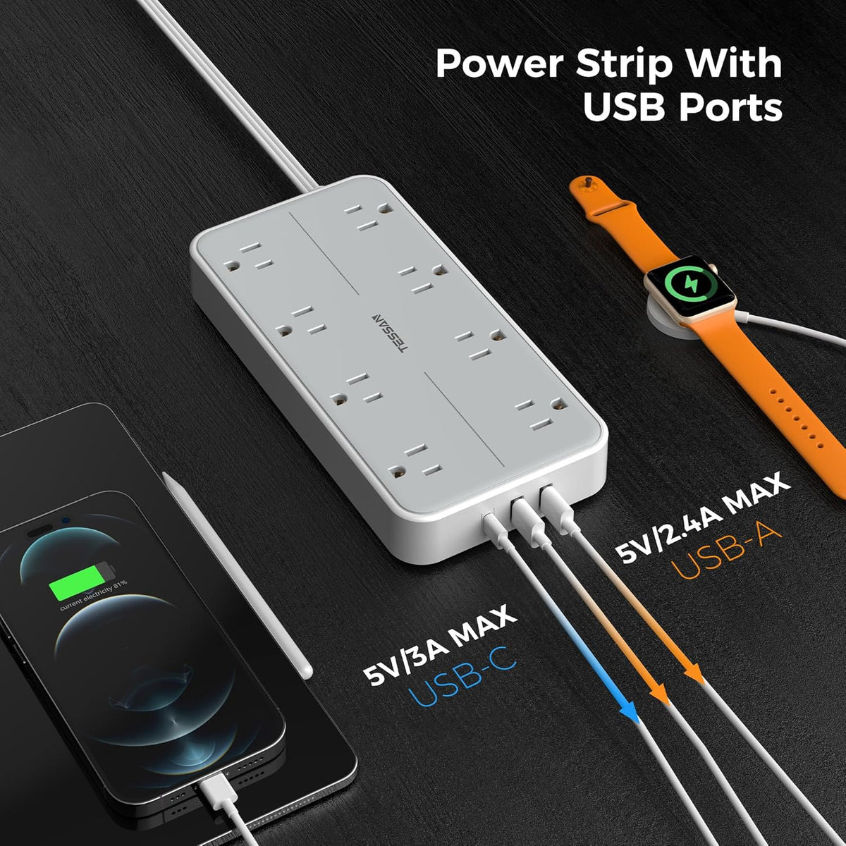 TESSAN Power Strip Surge Protector, Flat Plug Extension Cord with 8 Outlets 3 USB Charger(1 USB C), 1080 Joules Protection