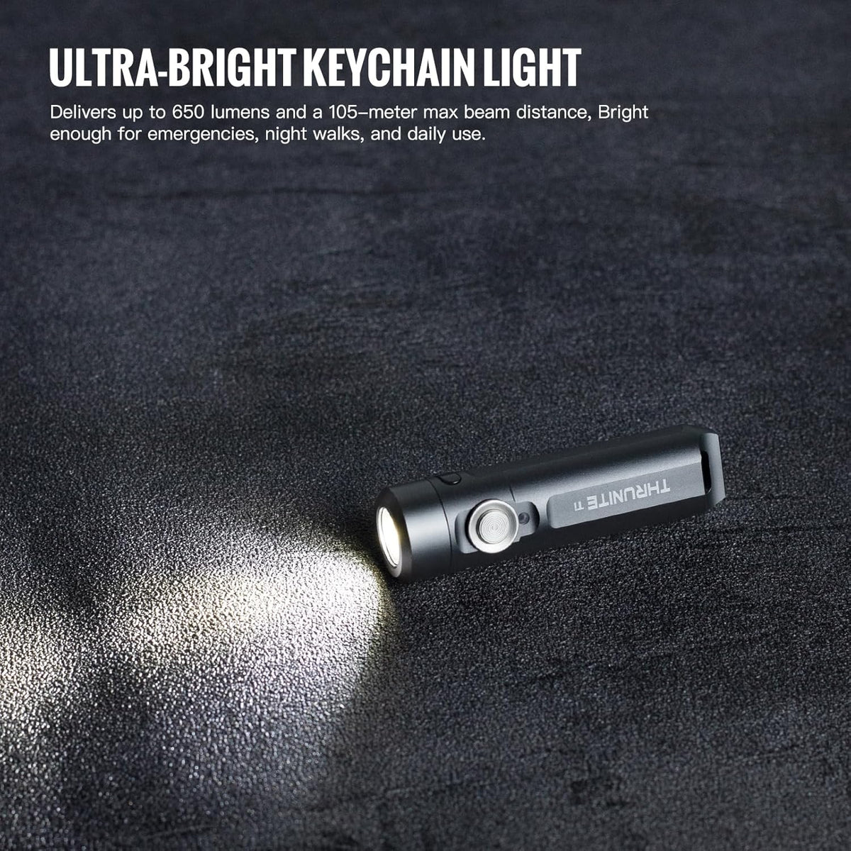 ThruNite Ti Mini Keychain Flashlight, USB-C Rechargeable EDC Pocket Light, Bright 650 Lumens Small Keychain Gadget for Camping (Grey Cool White)