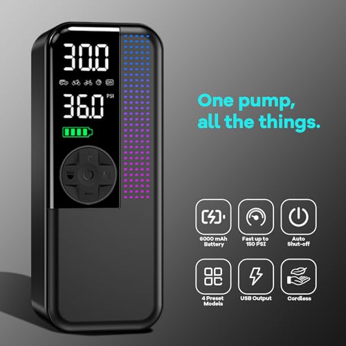Tire Inflator Portable Air Compressor, 150 PSI Cordless Air Pump, Dual Power 6000mAh, 12V DC Car Plug, Fast Inflation 24L/Min, Auto Shut-Off