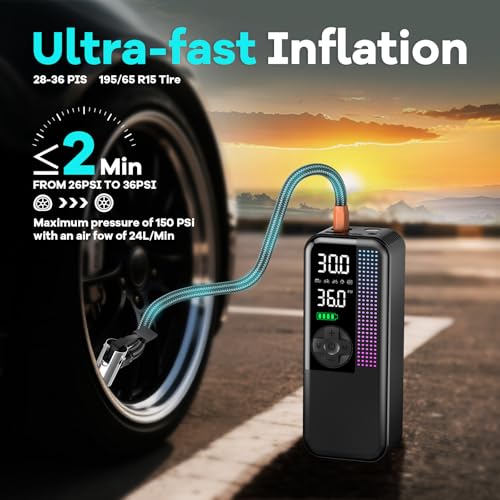 Tire Inflator Portable Air Compressor, 150 PSI Cordless Air Pump, Dual Power 6000mAh, 12V DC Car Plug, Fast Inflation 24L/Min, Auto Shut-Off