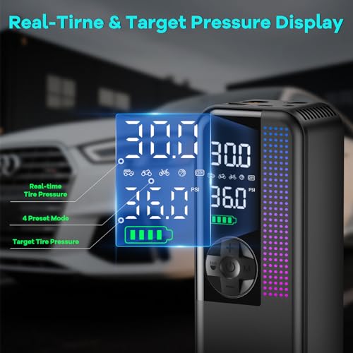 Tire Inflator Portable Air Compressor, 150 PSI Cordless Air Pump, Dual Power 6000mAh, 12V DC Car Plug, Fast Inflation 24L/Min, Auto Shut-Off