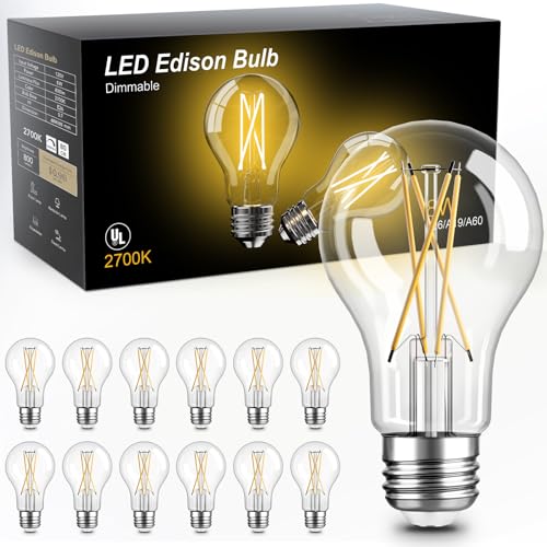 TJOY 12 Pack A19 Vintage LED Edison Bulbs, Dimmable, 60W Equivalent, High Brightness 2700K Warm White, 8W E26 Standard Base, 800 Lumens, CRI80