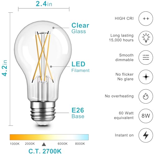 TJOY 12 Pack A19 Vintage LED Edison Bulbs, Dimmable, 60W Equivalent, High Brightness 2700K Warm White, 8W E26 Standard Base, 800 Lumens, CRI80