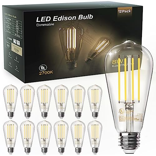 TJOY 12 Pack Vintage 8W ST58 LED Edison Light Bulbs, Dimmable, 60W Equivalent, 800Lumens, 2700K Warm White, E26 Base LED Filament Bulb, CRI80