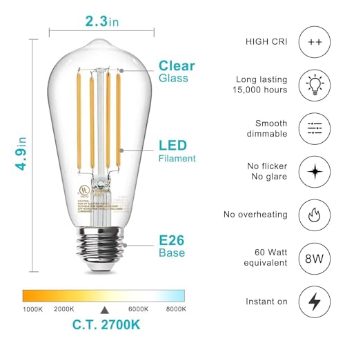TJOY 12 Pack Vintage 8W ST58 LED Edison Light Bulbs, Dimmable, 60W Equivalent, 800Lumens, 2700K Warm White, E26 Base LED Filament Bulb, CRI80