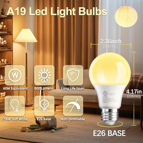 TJOY 6 Pack A19 LED Light Bulbs, 60 Watt Equivalent LED Bulb, Soft Warm White 2700K, Efficient 9W, E26 Standard Base