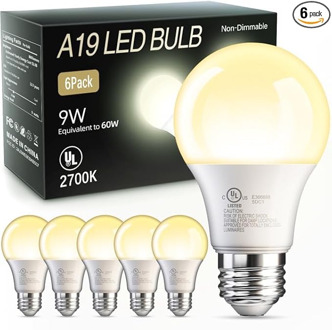 TJOY 6 Pack A19 LED Light Bulbs, 60 Watt Equivalent LED Bulb, Soft Warm White 2700K, Efficient 9W, E26 Standard Base