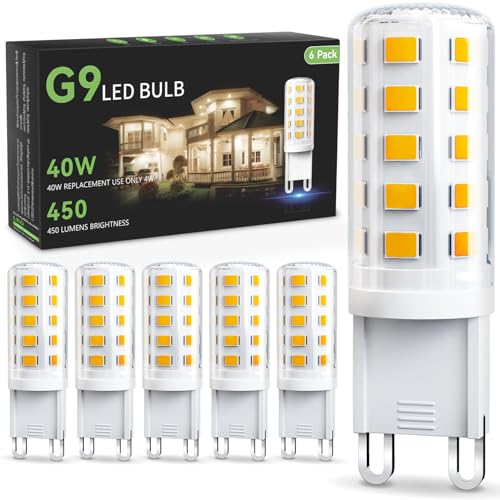 TJOY G9 LED Bulb 4W, 3000K Soft Warm White 6 Pack, Equivalent 40 Watt T4 G9 Halogen Replacement, G 9 Bi-pin Base Light Bulbs for Chandelier