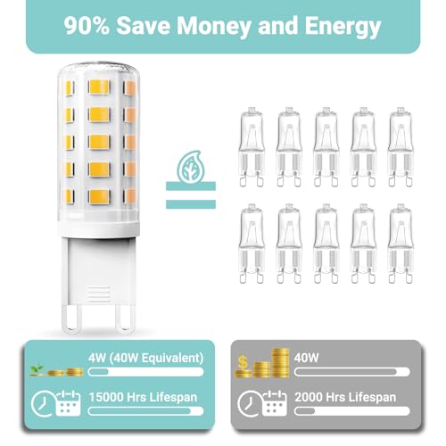 TJOY G9 LED Bulb 4W, 3000K Soft Warm White 6 Pack, Equivalent 40 Watt T4 G9 Halogen Replacement, G 9 Bi-pin Base Light Bulbs for Chandelier